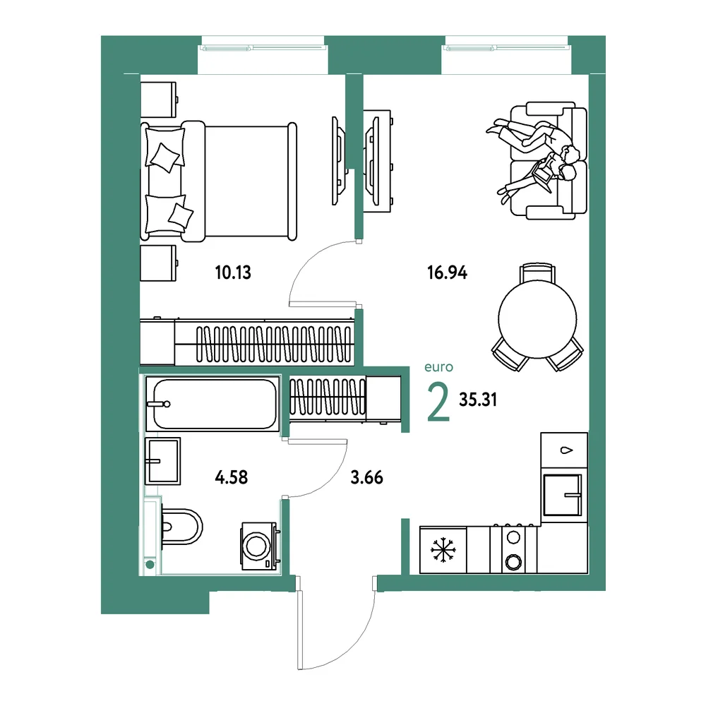 Планировка: Домашний 2-комнатная 35,31м²