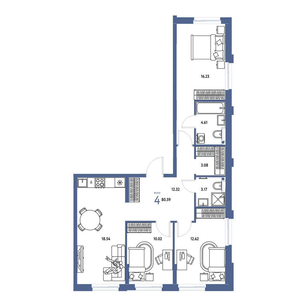Планировка: Домашний 4-комнатная 80,59м²