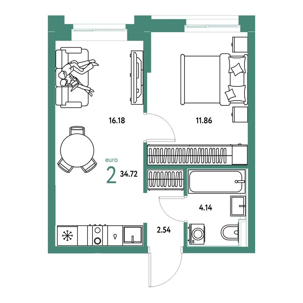 Планировка: Домашний 2-комнатная 34,72м²