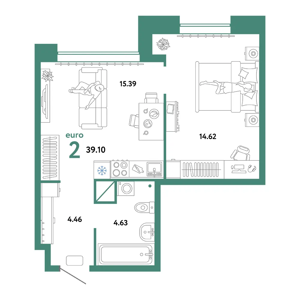 Планировка: Домашний 2-комнатная 39,10м²