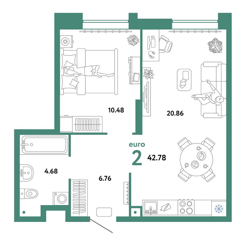 Планировка: Домашний 2-комнатная 42,78м²