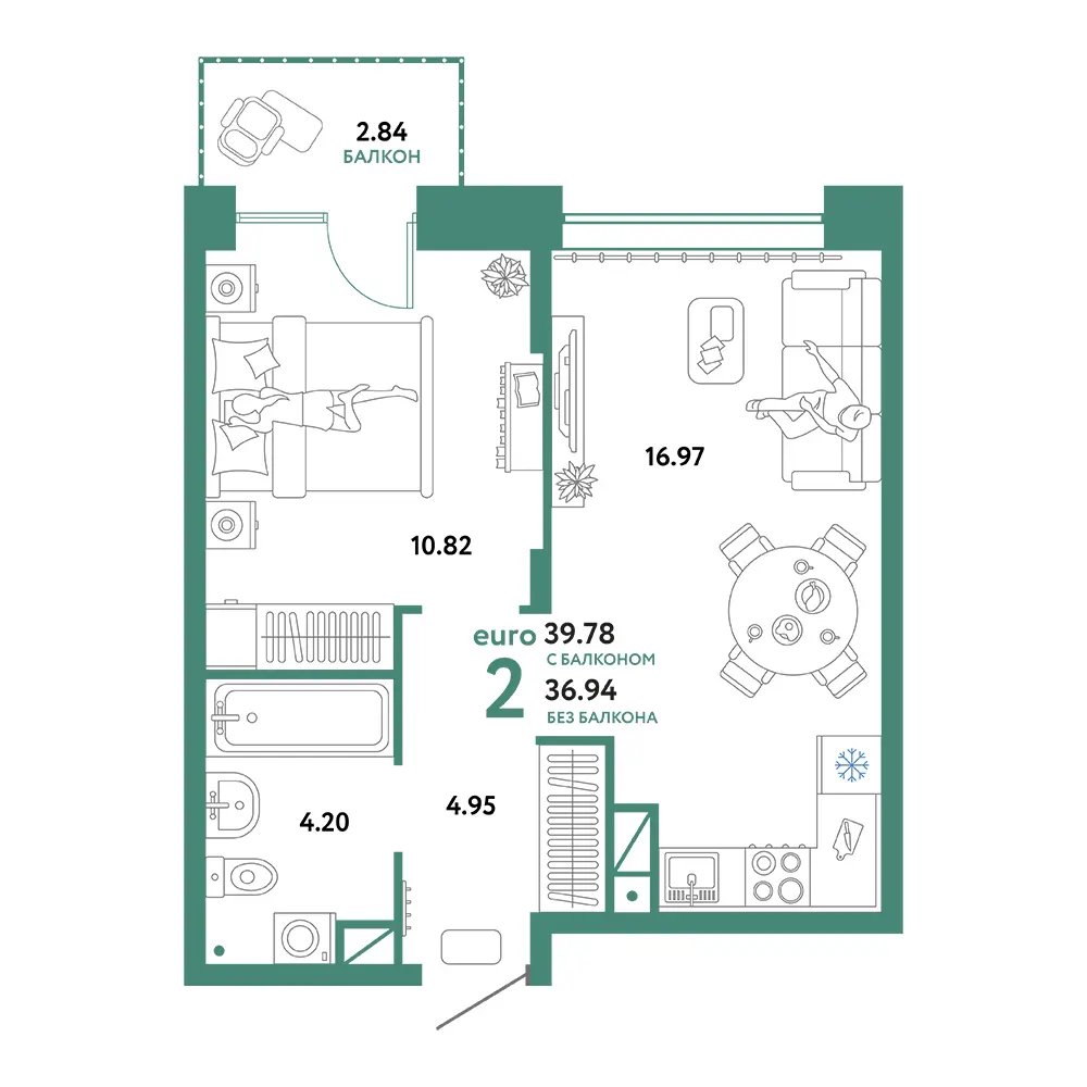 Планировка: Домашний 2-комнатная 39,78м²