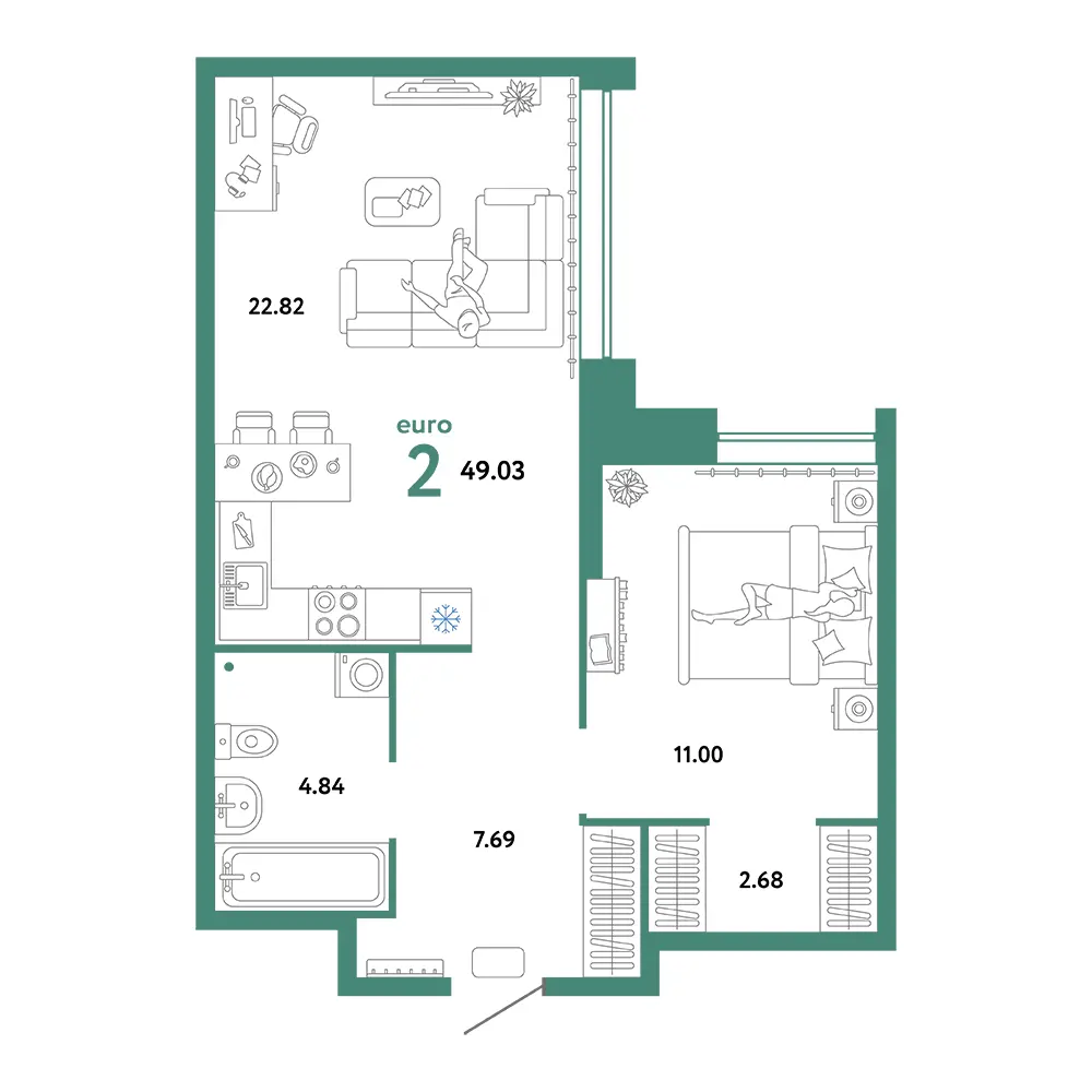 Планировка: Домашний 2-комнатная 49,03м²