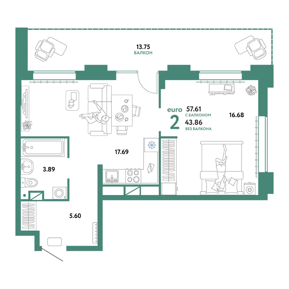 Планировка: Домашний 2-комнатная 57,61м²