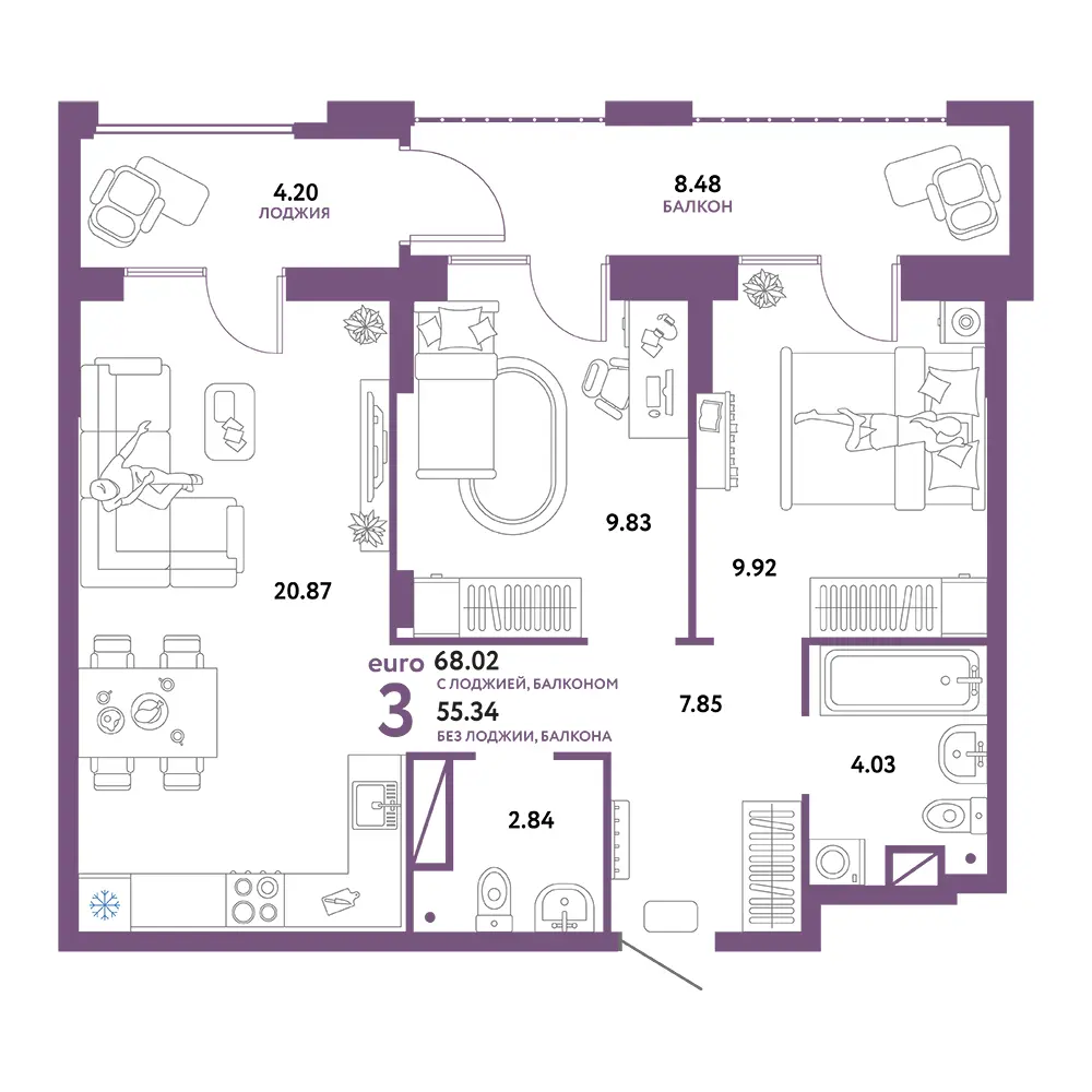 Планировка: Домашний 3-комнатная 68,02м²