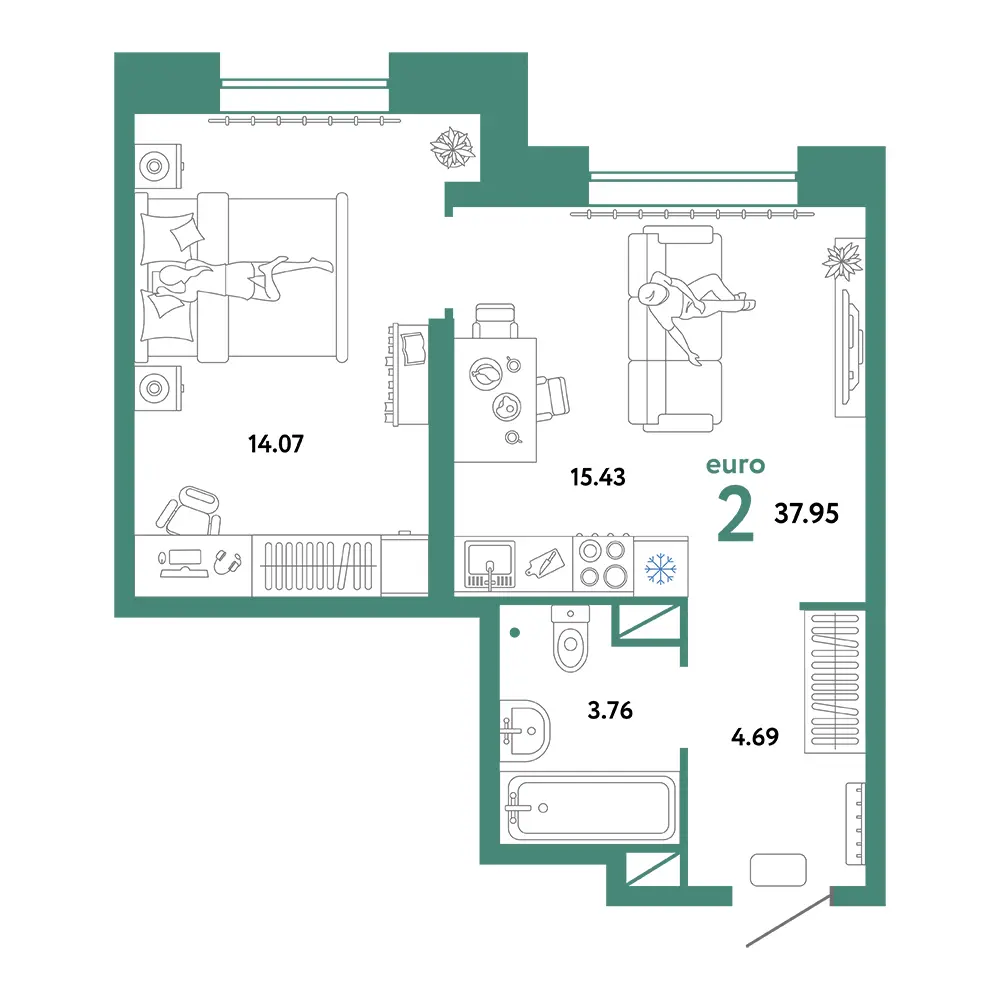 Планировка: Домашний 2-комнатная 37,95м²