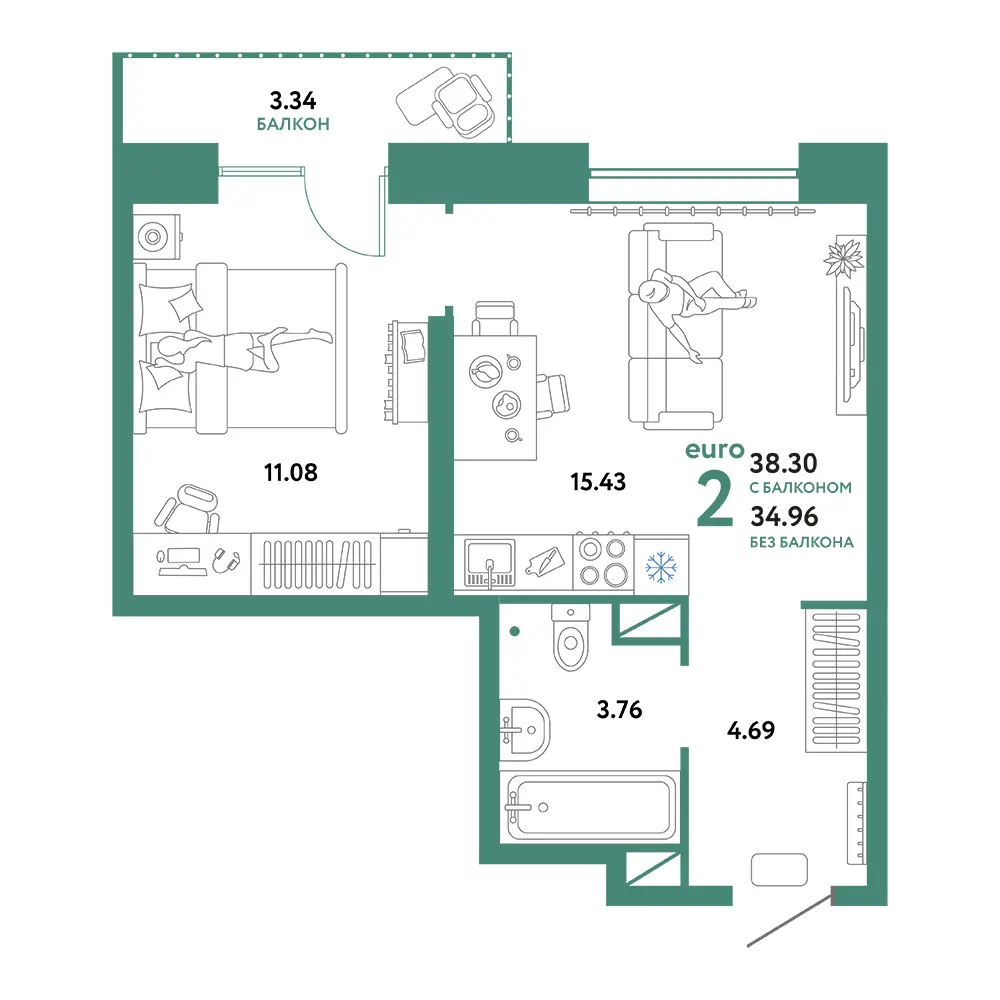 Планировка: Домашний 2-комнатная 38,30м²