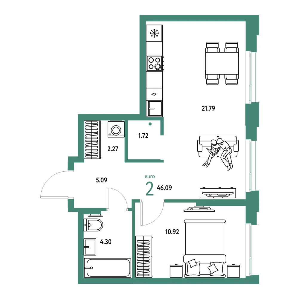 Планировка: Европейский берег 2.0 2-комнатная 46,09м²