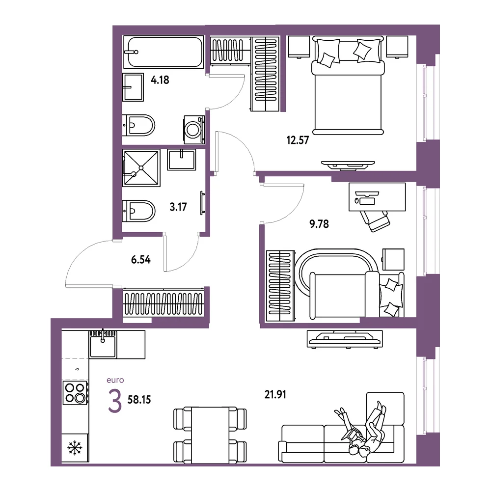 Планировка: Европейский берег 2.0 3-комнатная 58,15м²