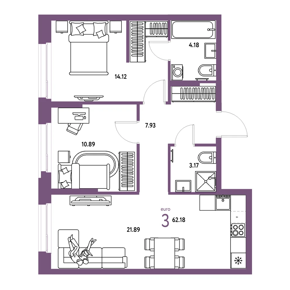 Планировка: Европейский берег 2.0 3-комнатная 62,18м²