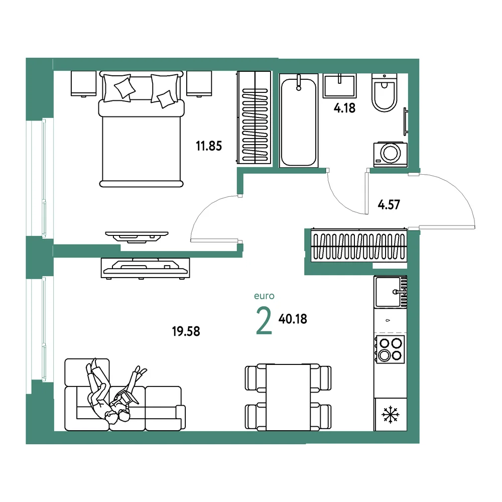 Планировка: Европейский берег 2.0 2-комнатная 40,18м²