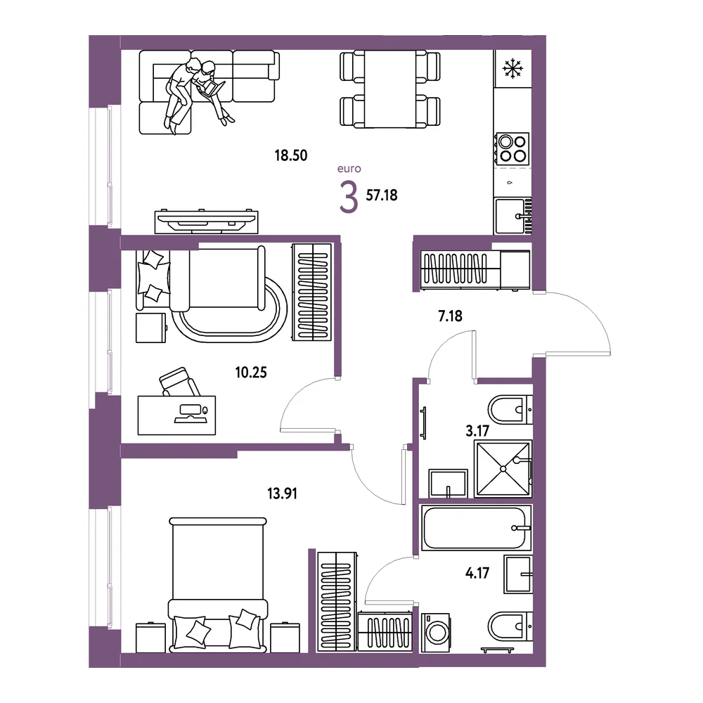 Планировка: Европейский берег 2.0 3-комнатная 57,18м²