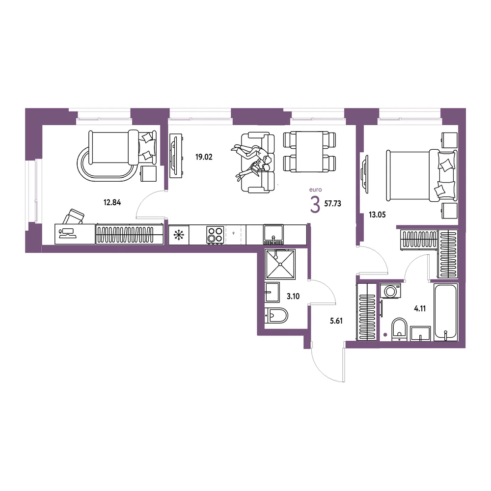 Планировка: Европейский берег 2.0 3-комнатная 57,73м²