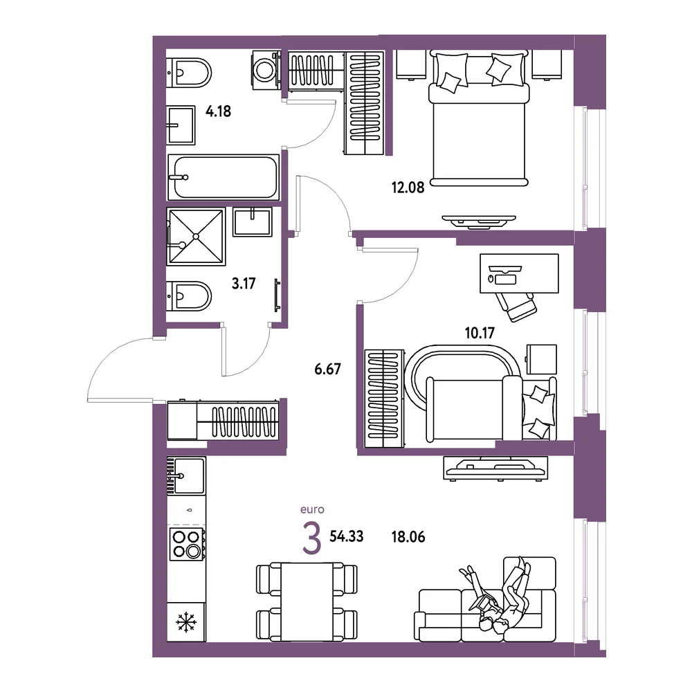 Планировка: Европейский берег 2.0 3-комнатная 54,33м²