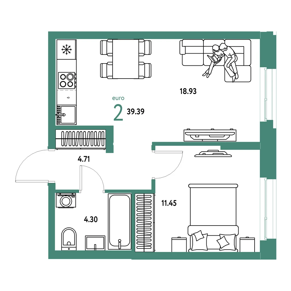 Планировка: Европейский берег 2.0 2-комнатная 39,39м²