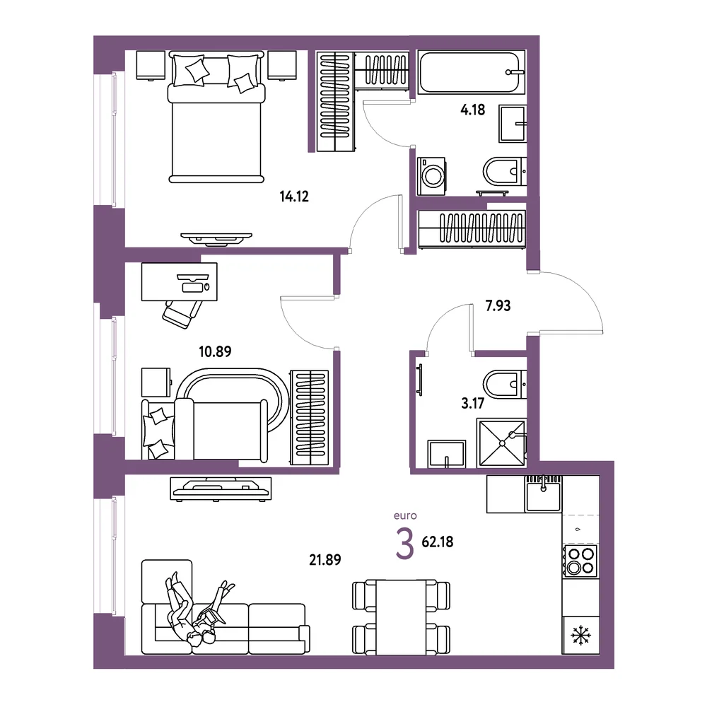 Планировка: Европейский берег 2.0 3-комнатная 62,18м²