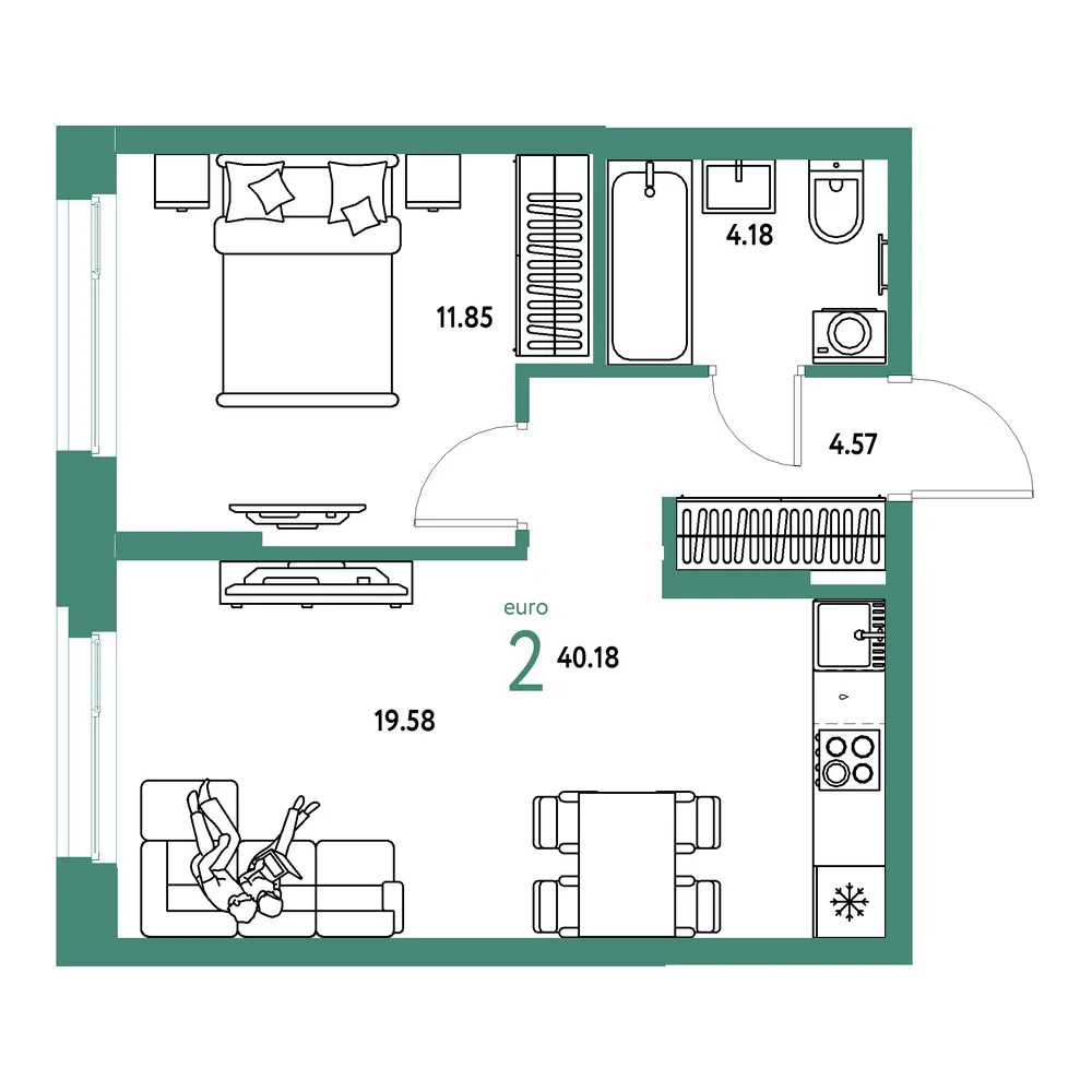Планировка: Европейский берег 2.0 2-комнатная 40,18м²