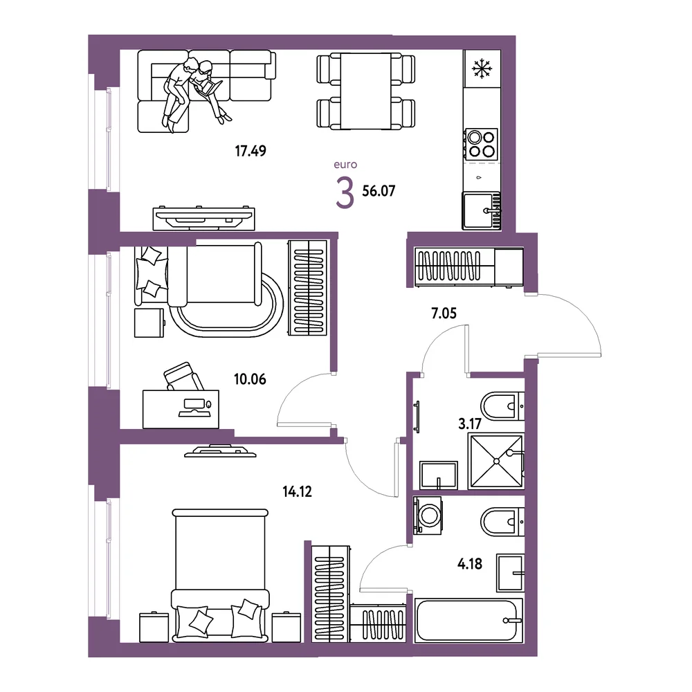 Планировка: Европейский берег 2.0 3-комнатная 56,07м²