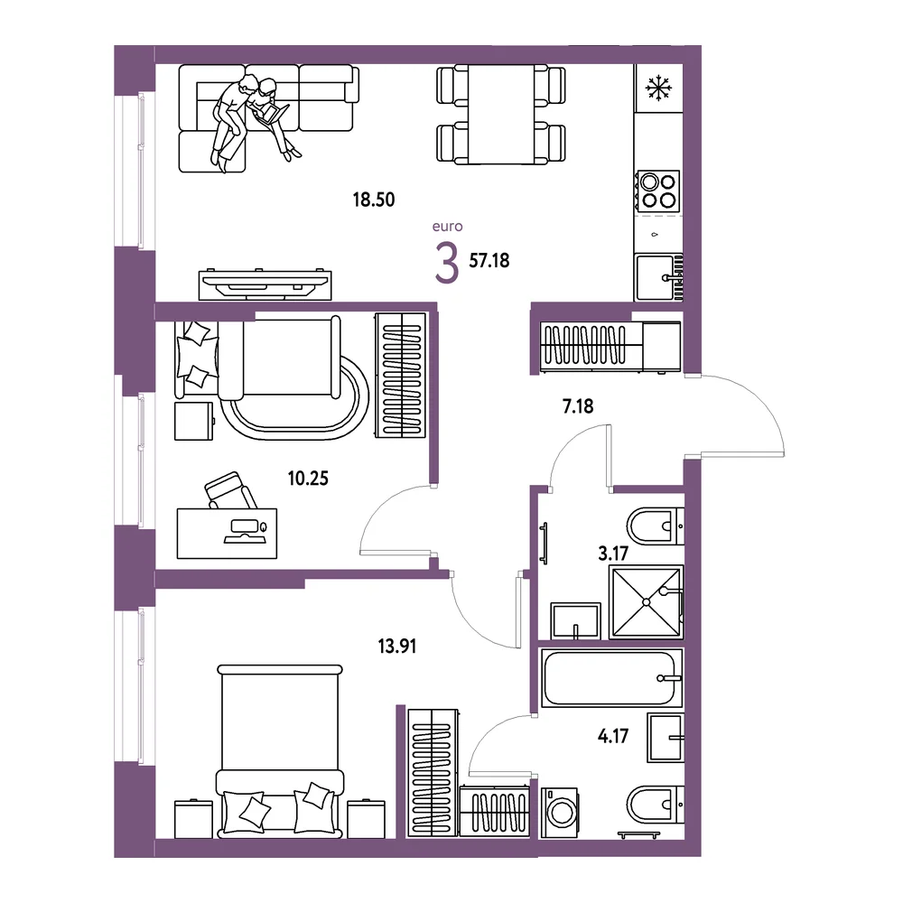 Планировка: Европейский берег 2.0 3-комнатная 57,18м²