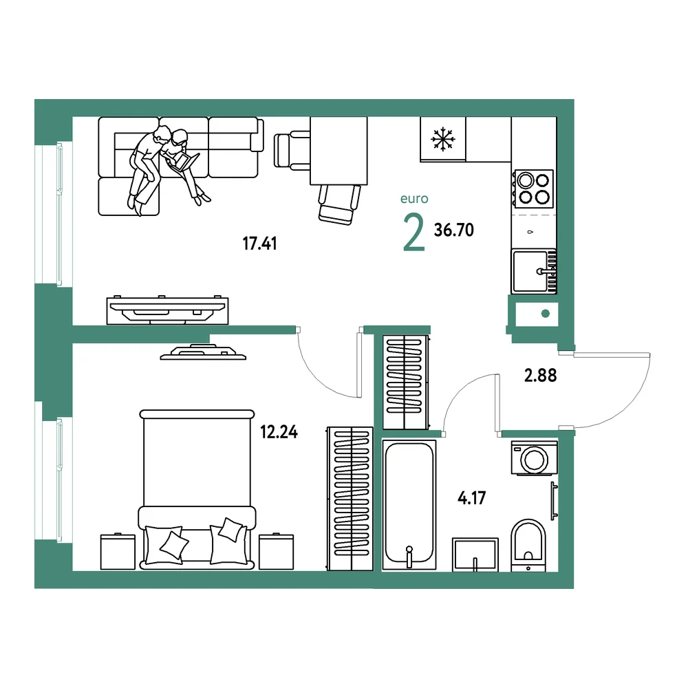 Планировка: Европейский берег 2.0 2-комнатная 36,70м²
