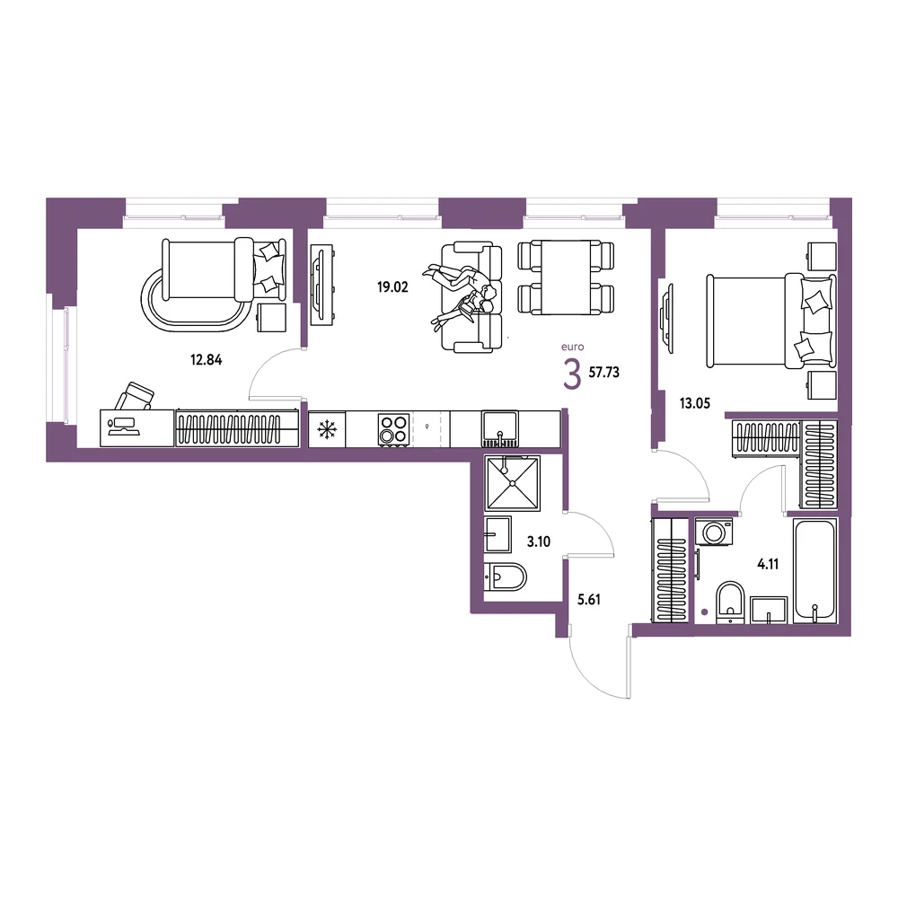 Планировка: Европейский берег 2.0 3-комнатная 57,73м²