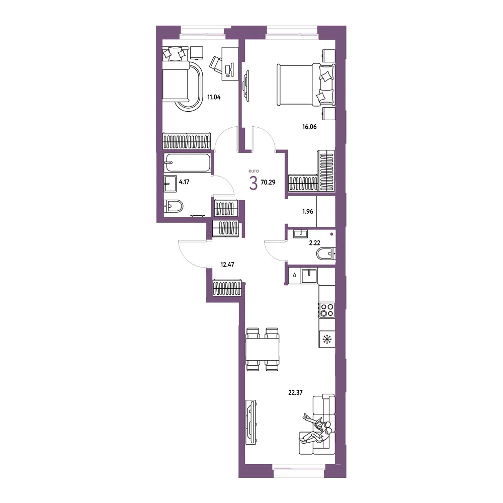 Планировка: Европейский берег 2.0 3-комнатная 70,29м²