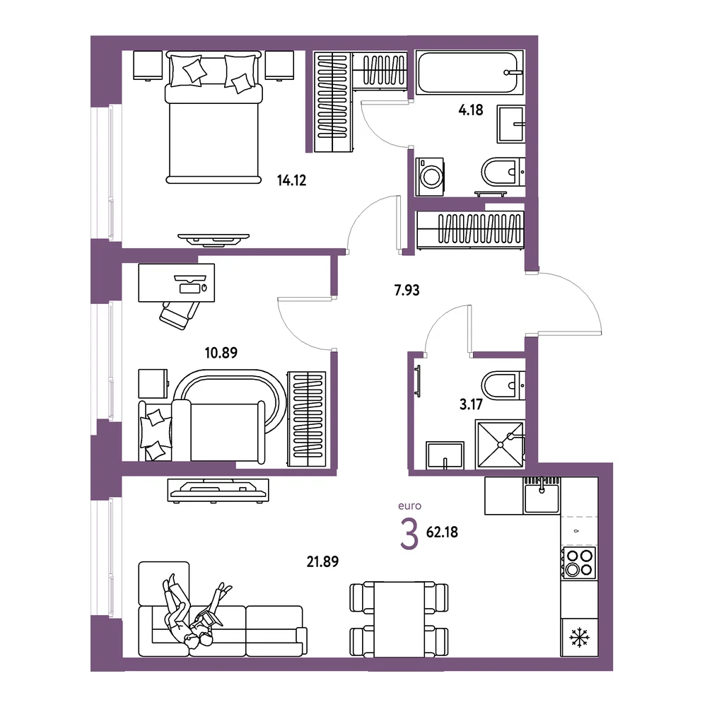 Планировка: Европейский берег 2.0 3-комнатная 62,18м²