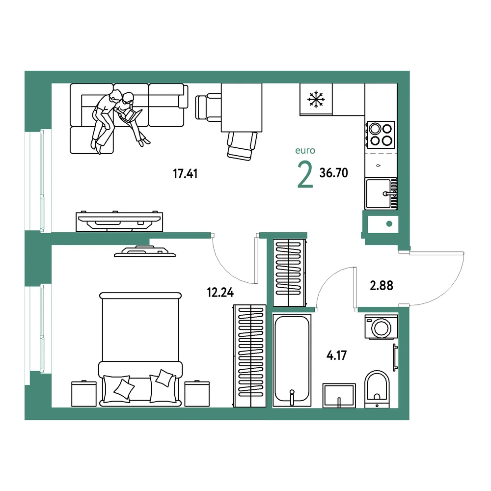Планировка: Европейский берег 2.0 2-комнатная 36,70м²