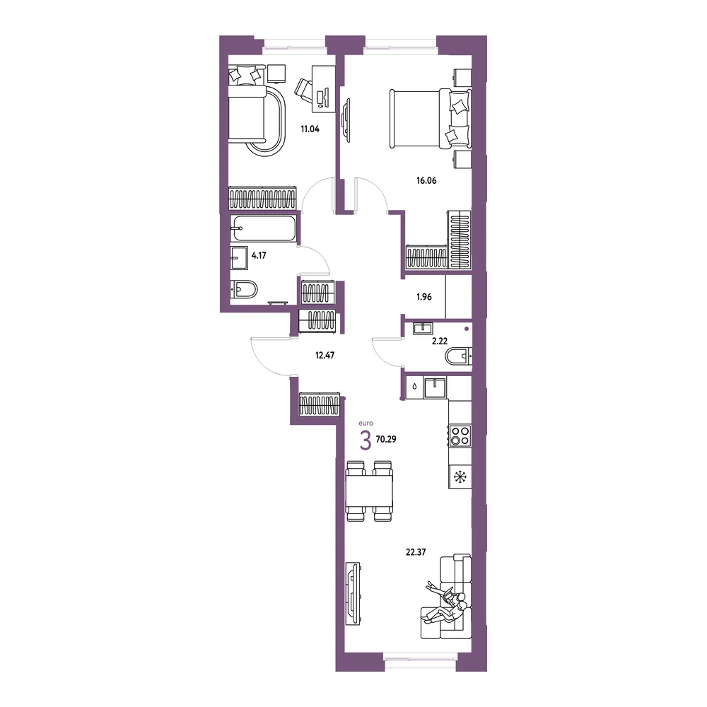 Планировка: Европейский берег 2.0 3-комнатная 70,29м²