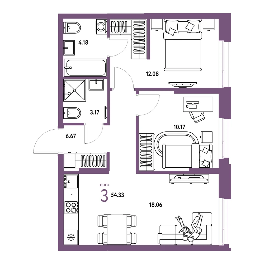 Планировка: Европейский берег 2.0 3-комнатная 54,33м²
