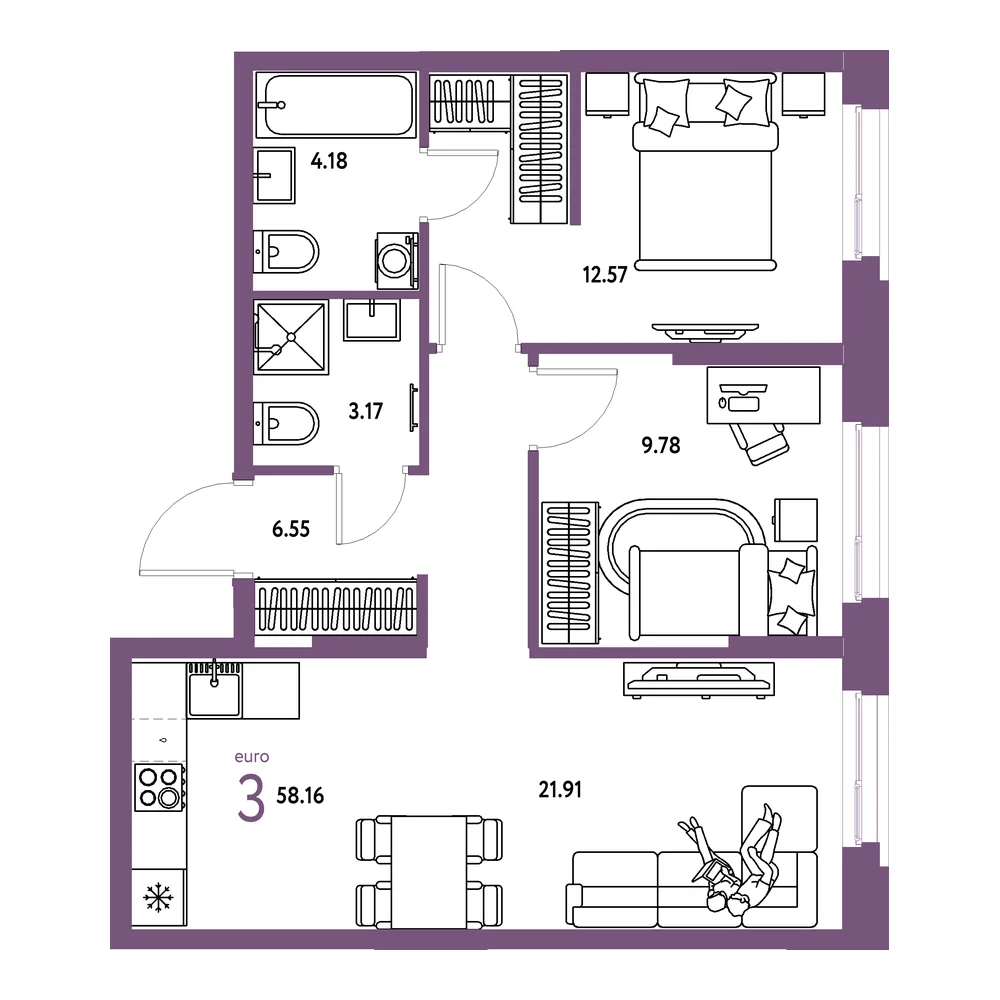 Планировка: Европейский берег 2.0 3-комнатная 58,16м²