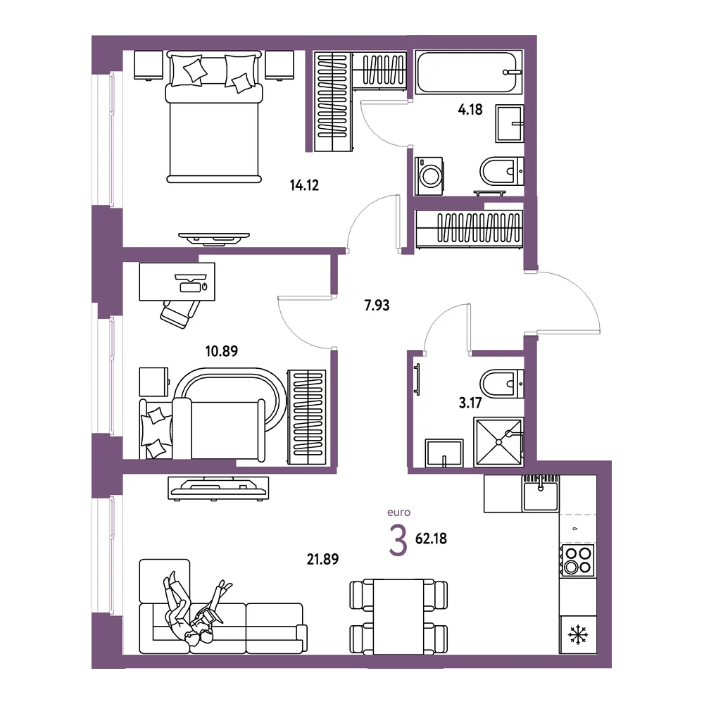 Планировка: Европейский берег 2.0 3-комнатная 62,18м²