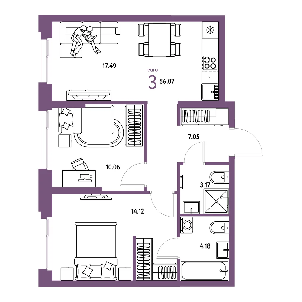 Планировка: Европейский берег 2.0 3-комнатная 56,07м²