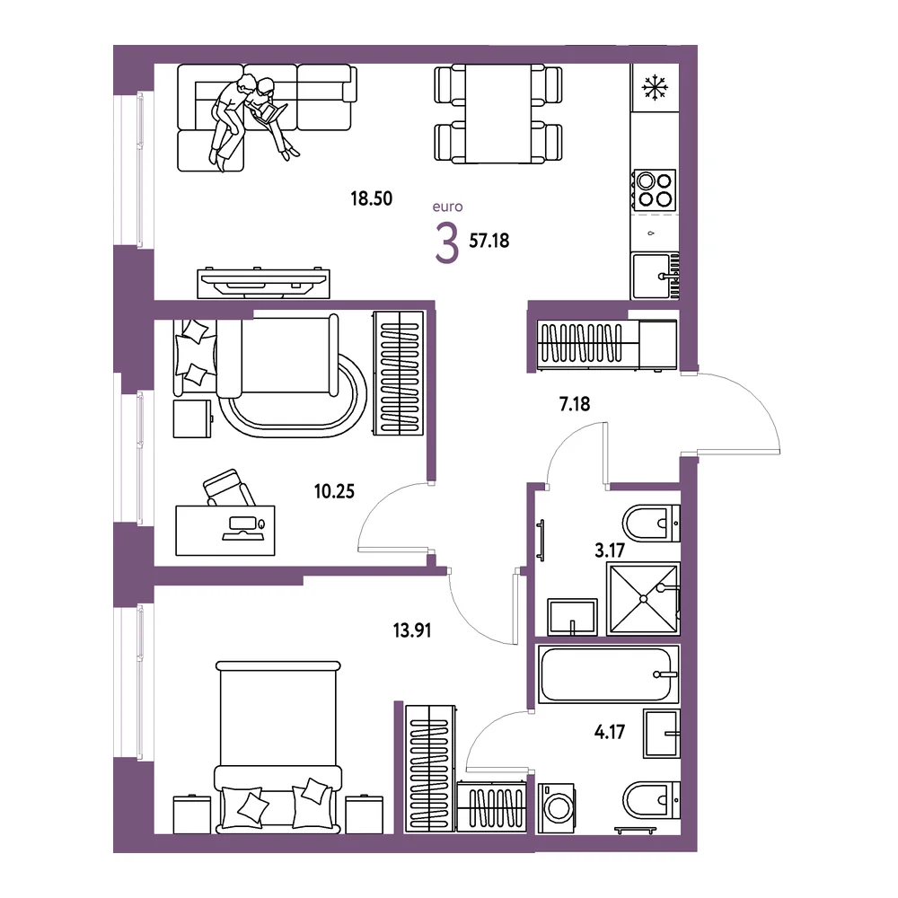 Планировка: Европейский берег 2.0 3-комнатная 57,18м²