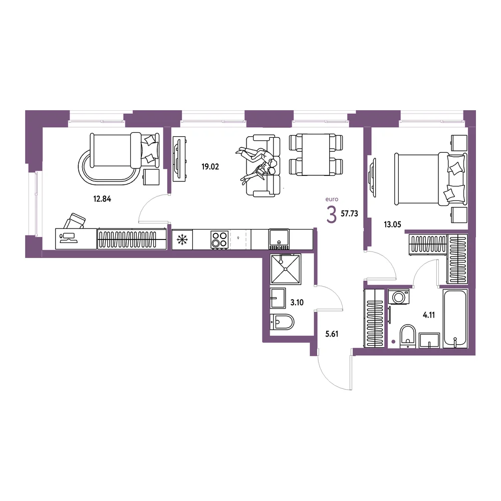 Планировка: Европейский берег 2.0 3-комнатная 57,73м²