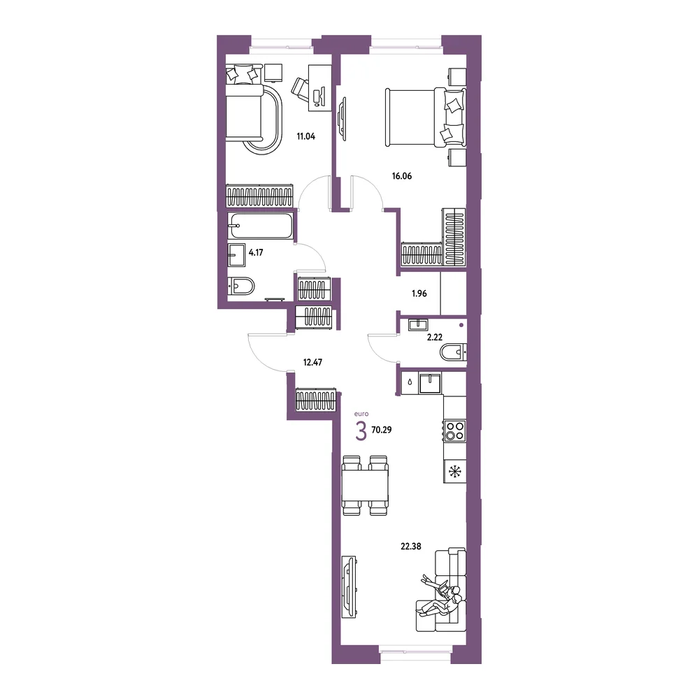 Планировка: Европейский берег 2.0 3-комнатная 70,29м²