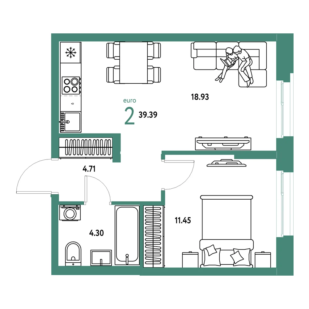 Планировка: Европейский берег 2.0 2-комнатная 39,39м²