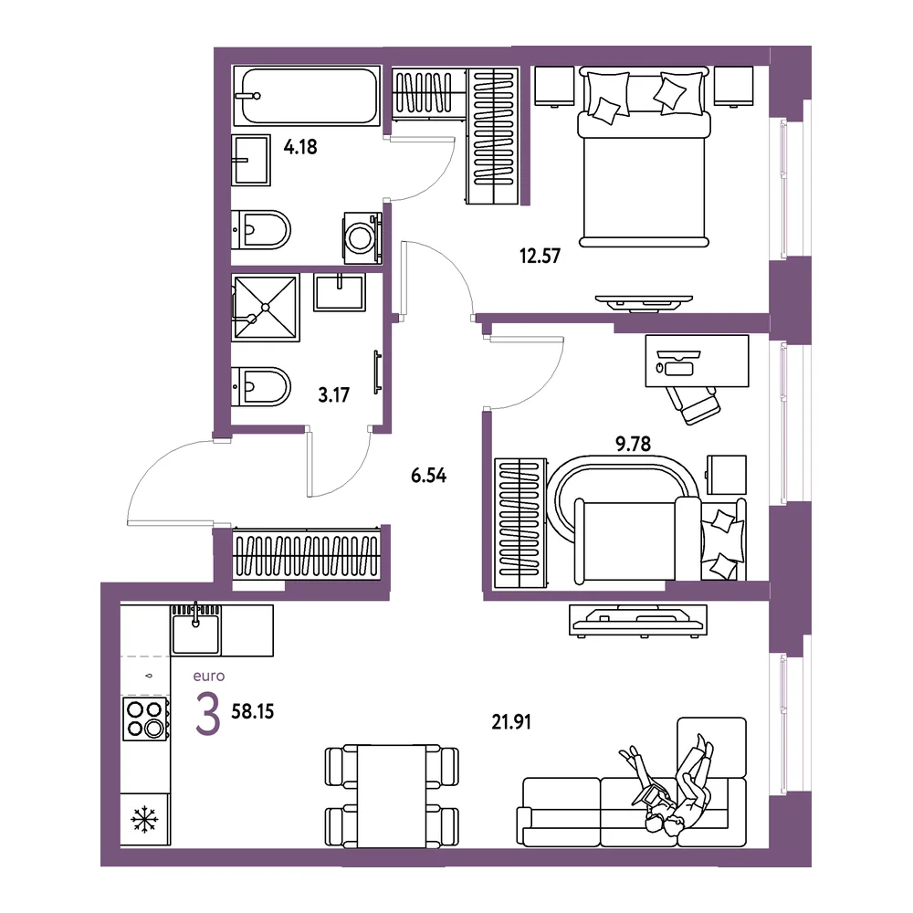Планировка: Европейский берег 2.0 3-комнатная 58,15м²
