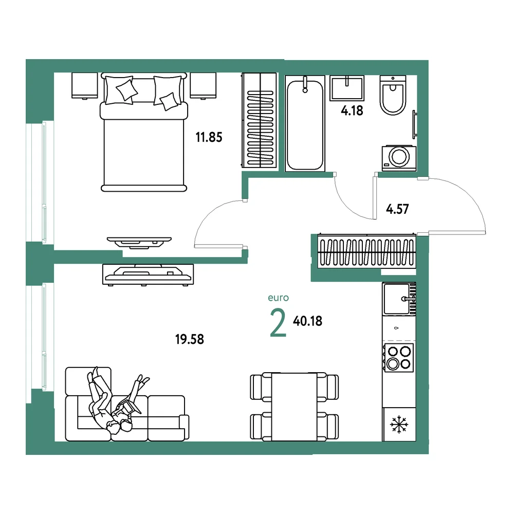 Планировка: Европейский берег 2.0 2-комнатная 40,18м²