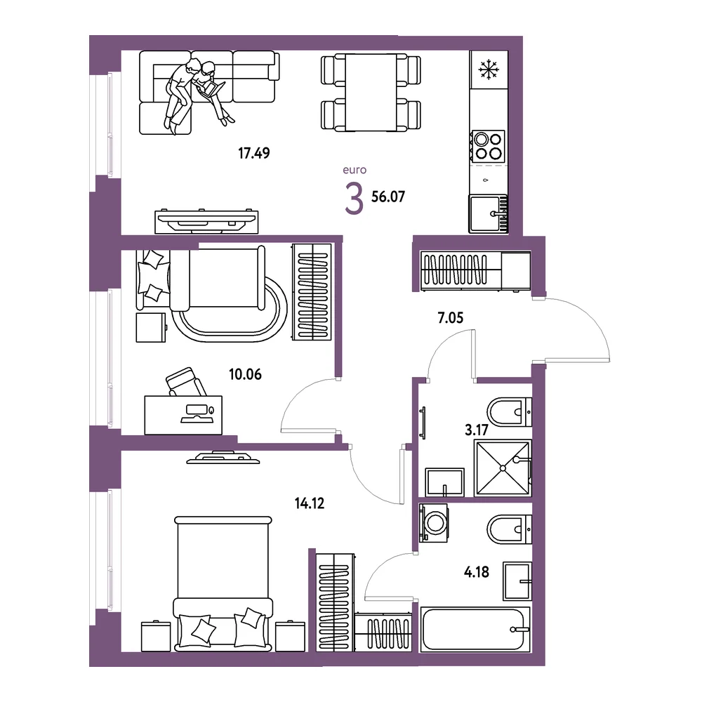 Планировка: Европейский берег 2.0 3-комнатная 56,07м²