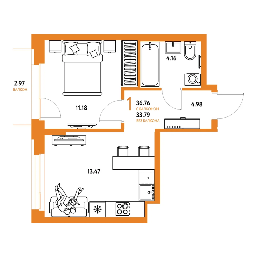 Планировка: Европейский берег 2.0 1-комнатная 36,76м²
