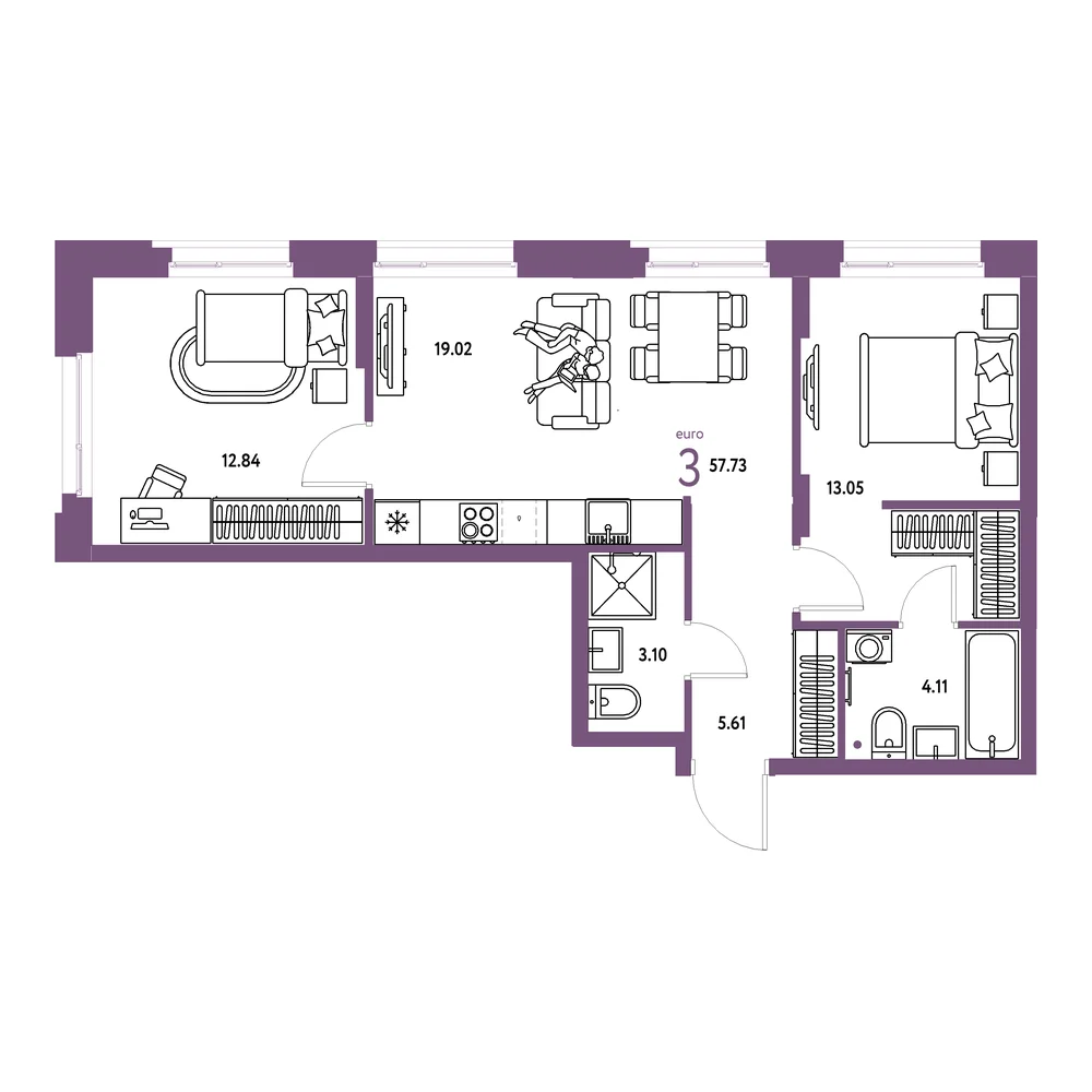Планировка: Европейский берег 2.0 3-комнатная 57,73м²