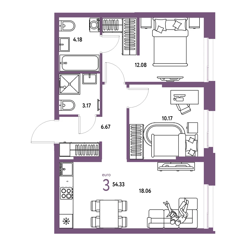 Планировка: Европейский берег 2.0 3-комнатная 54,33м²