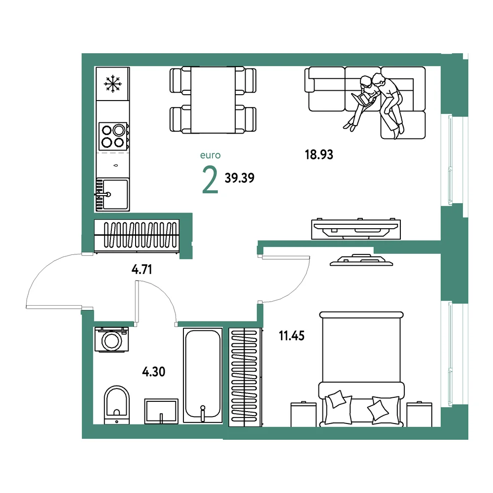 Планировка: Европейский берег 2.0 2-комнатная 39,39м²