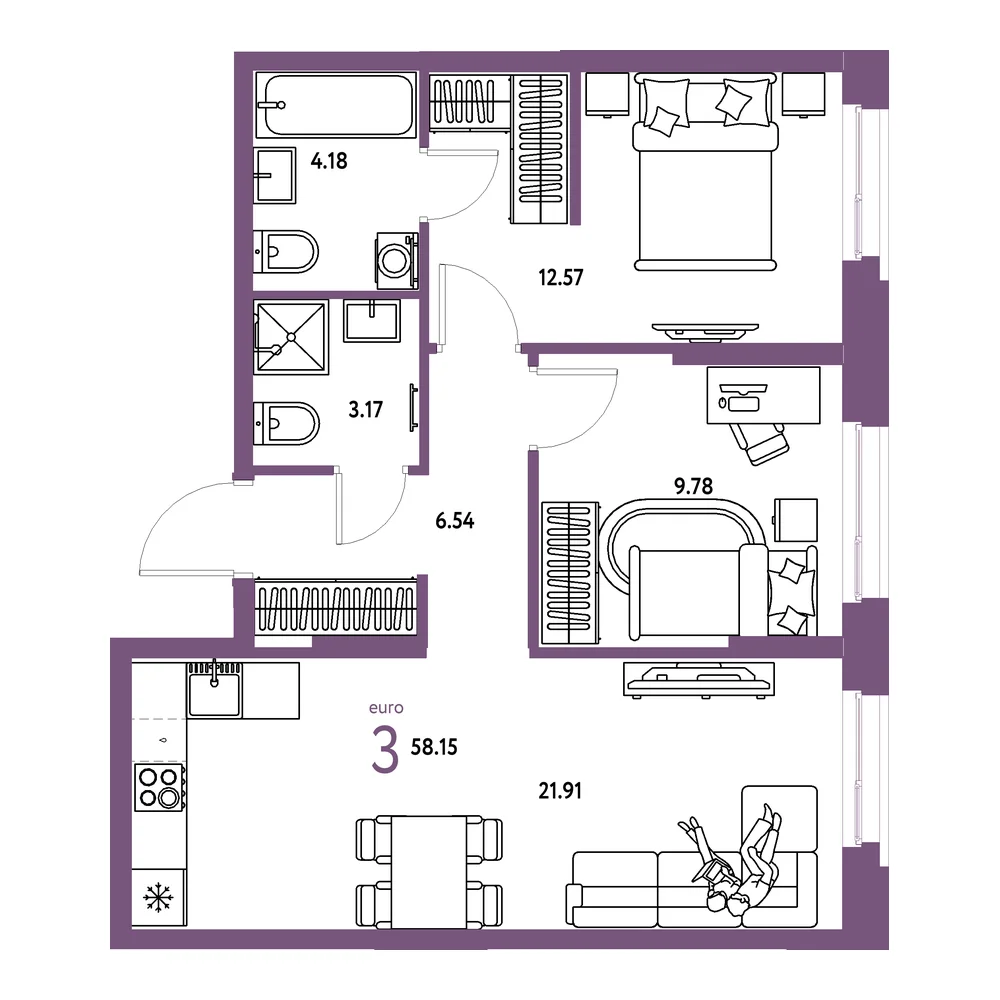 Планировка: Европейский берег 2.0 3-комнатная 58,15м²