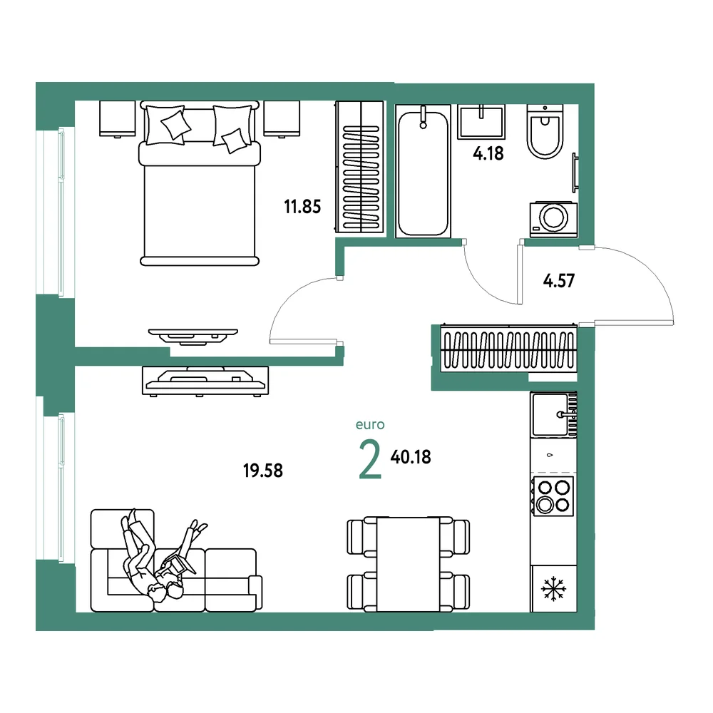 Планировка: Европейский берег 2.0 2-комнатная 40,18м²