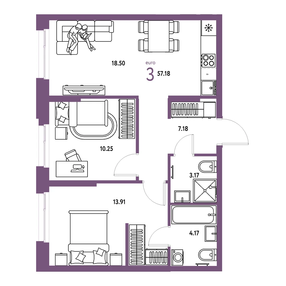 Планировка: Европейский берег 2.0 3-комнатная 57,18м²