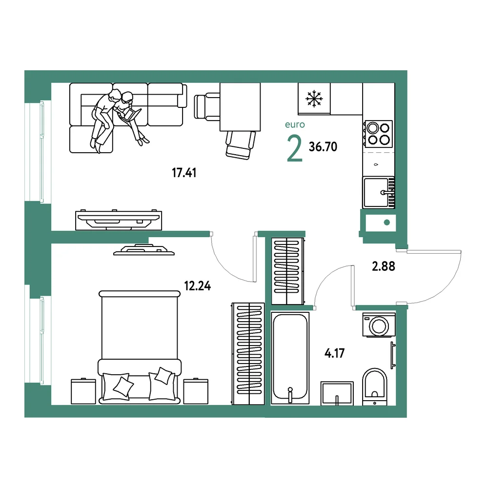 Планировка: Европейский берег 2.0 2-комнатная 36,70м²