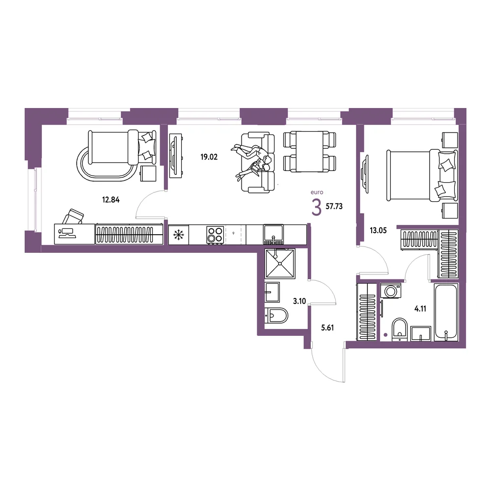 Планировка: Европейский берег 2.0 3-комнатная 57,73м²