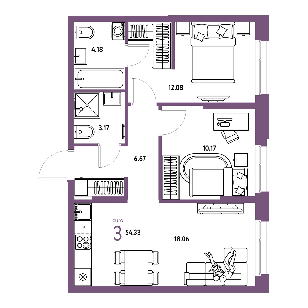 Планировка: Европейский берег 2.0 3-комнатная 54,33м²